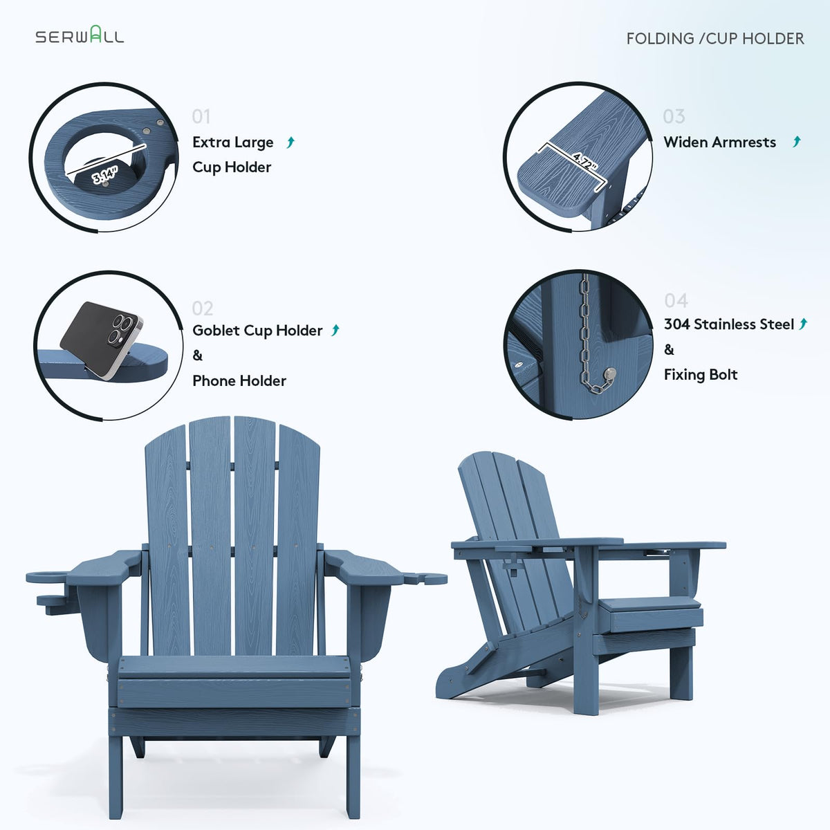 Blue Foldable Adirondack Chair Set of 2 with Cup Holders V414533