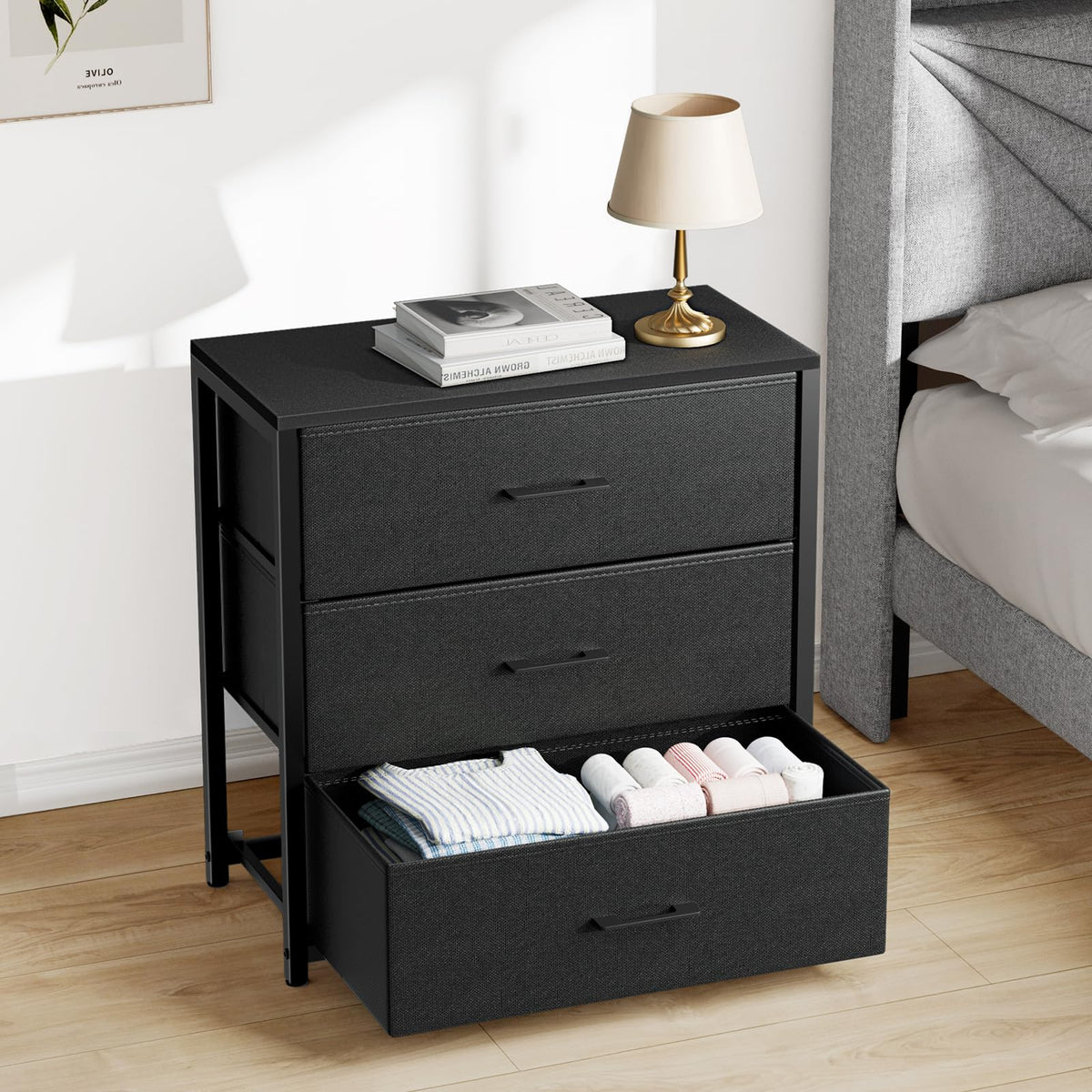 Black 3 Fabric Drawer Nightstand Y291352