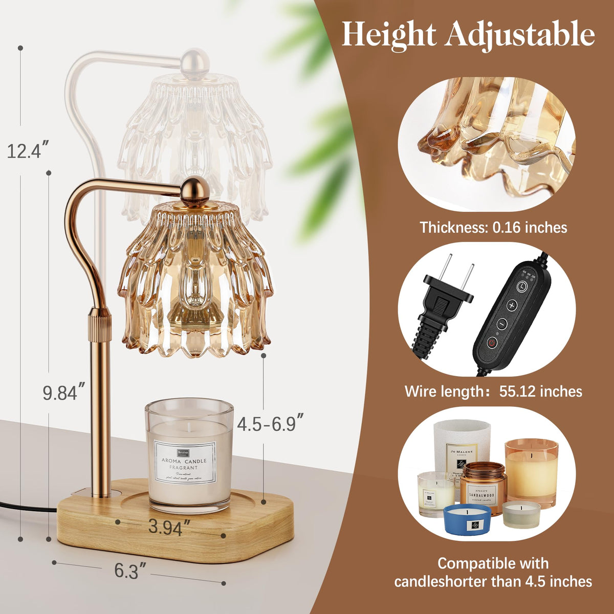 Candle Warmer Lamp with Timer Dimmer Adjustable Height Glass H76751