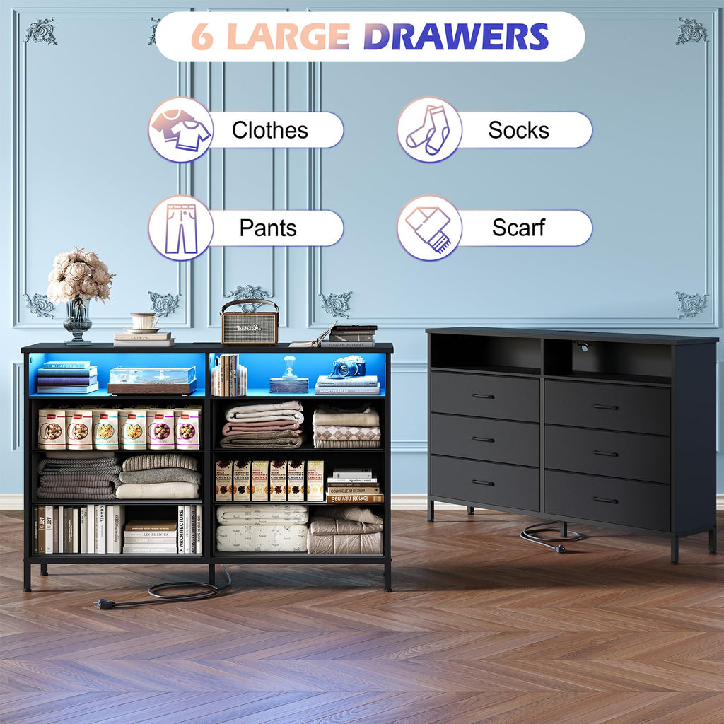 Black 6 Drawer Fabric Dresser S726