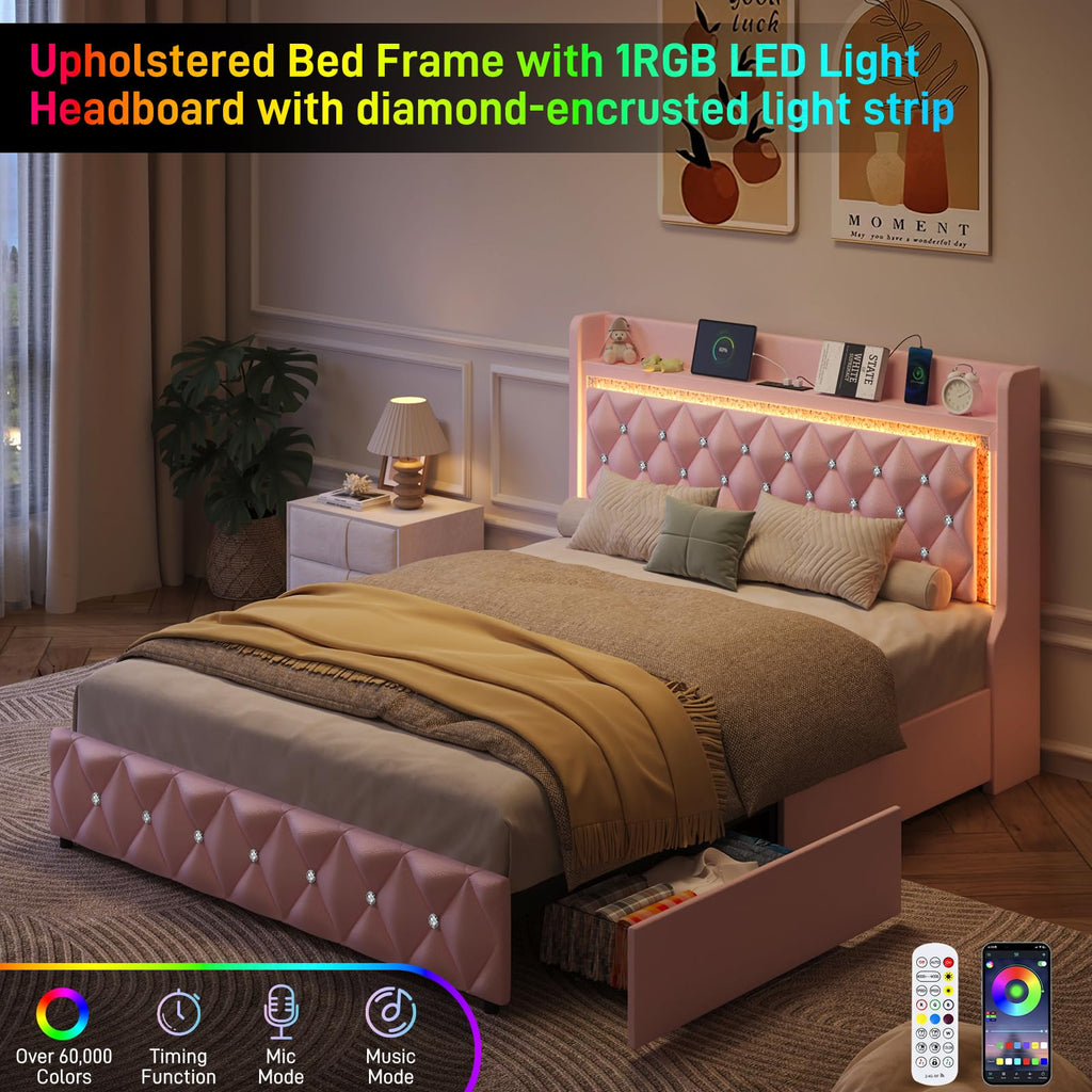 Pink Upholstered Full Size Bed Frame with Storage Headboard and 2 Drawers Z434057