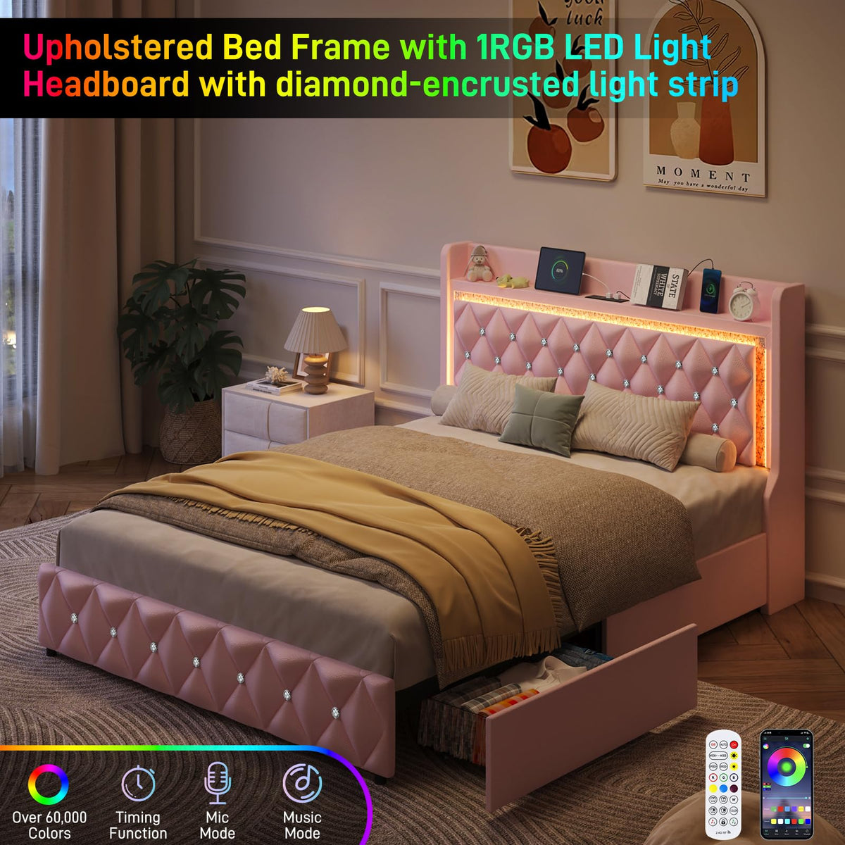 Pink Upholstered Full Size Bed Frame with Storage Headboard and 2 Drawers Z434057
