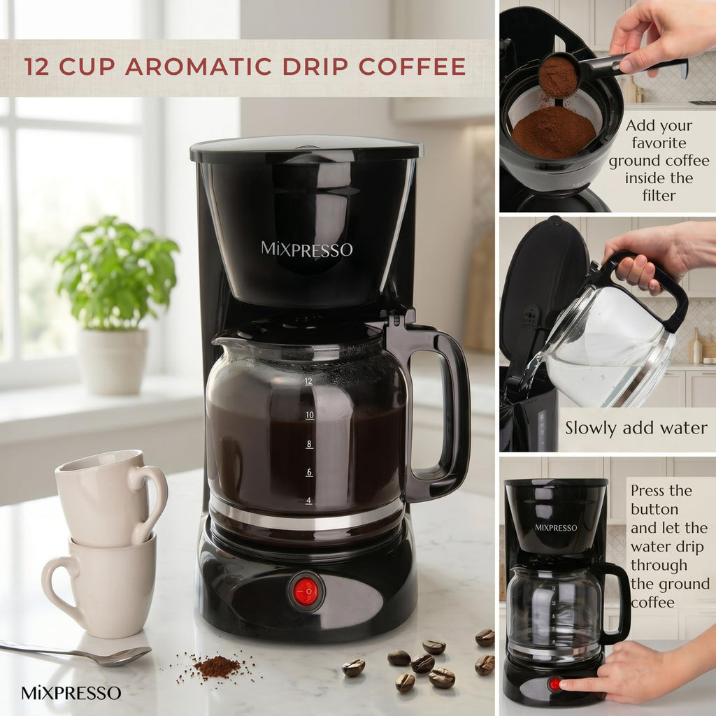 12 Cup Drip Coffee Maker with Reusable Filter, Black B838