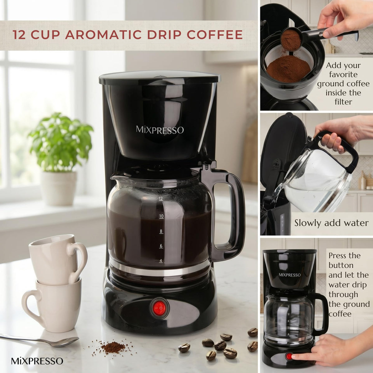 12 Cup Drip Coffee Maker with Reusable Filter, Black B838