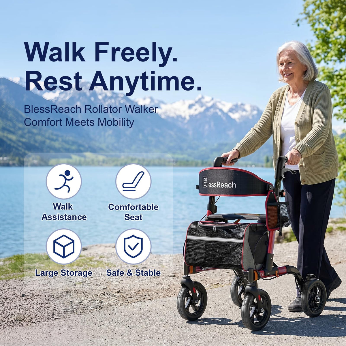 Lightweight Red Rollator Walker with Seat Y834590