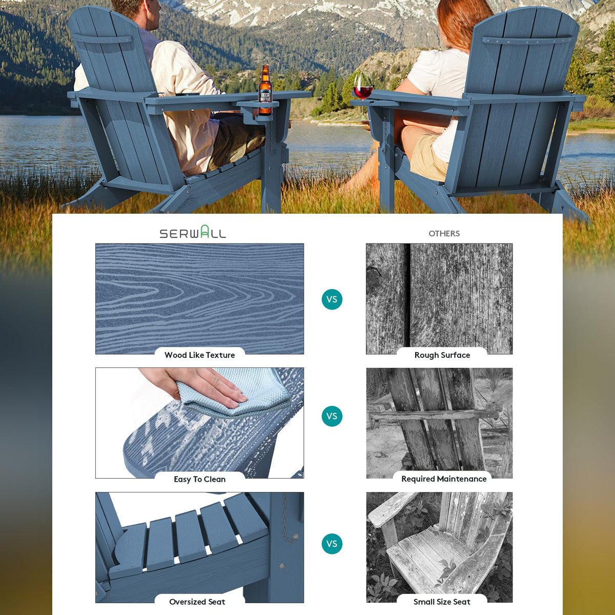 Blue Foldable Adirondack Chair Set of 2 with Cup Holders V414533