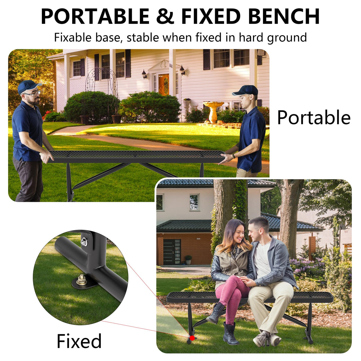 6 Feet Heavy Duty Metal Park Bench with Portable Frame, Black R5707