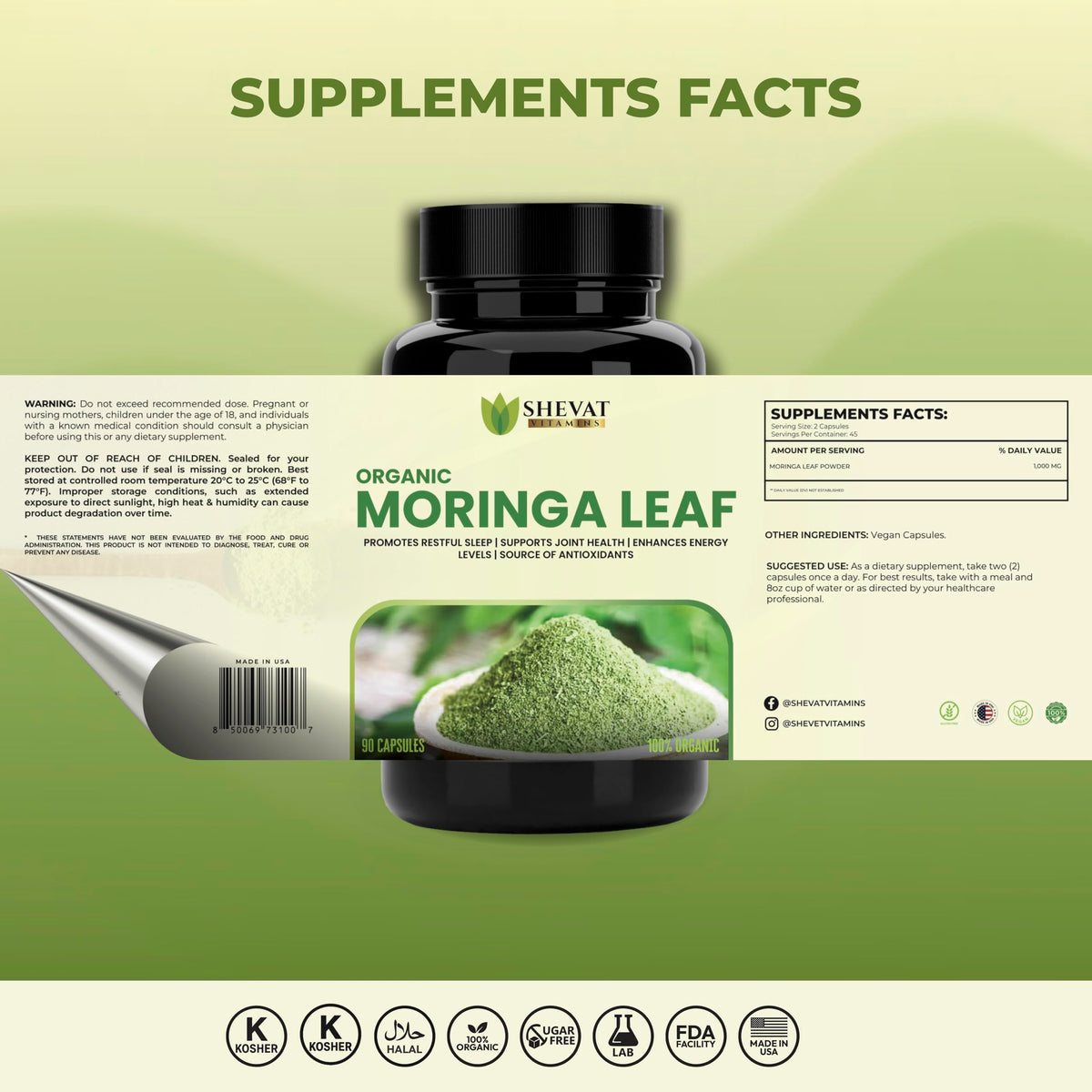 Organic Moringa Leaf Capsules 1000mg 90 Capsules L2849