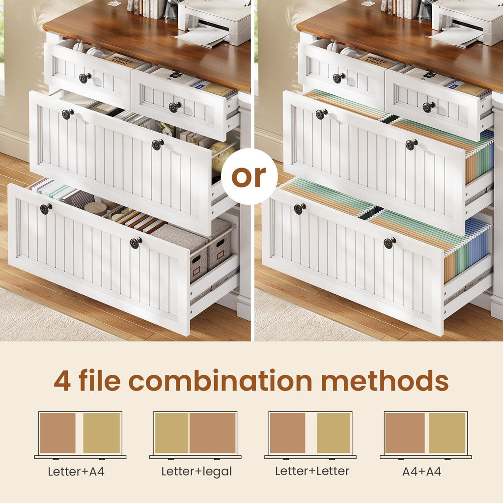 White Brown 4 Drawer Wood File Cabinet with Power Outlets S299509