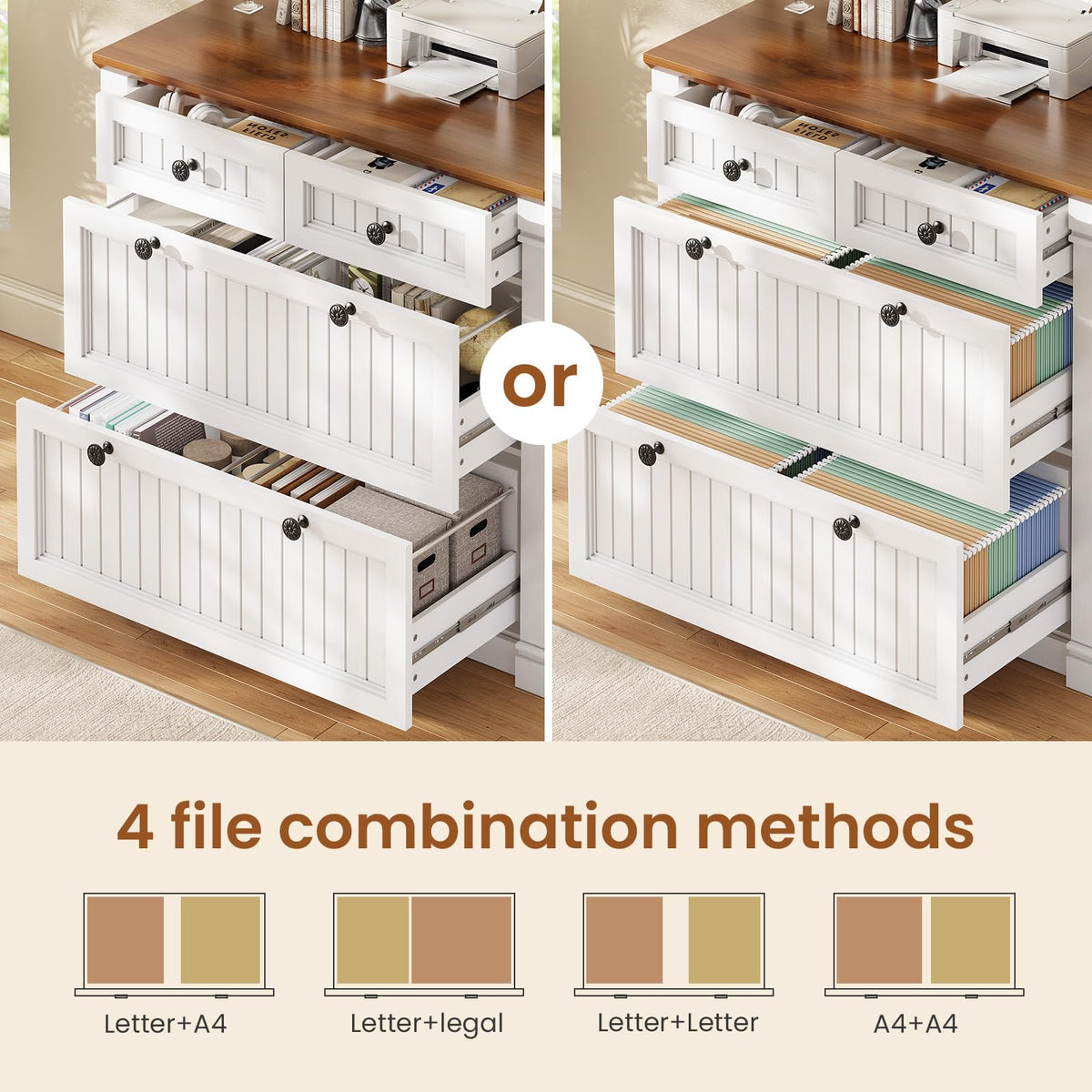 White Brown 4 Drawer Wood File Cabinet with Power Outlets S299509