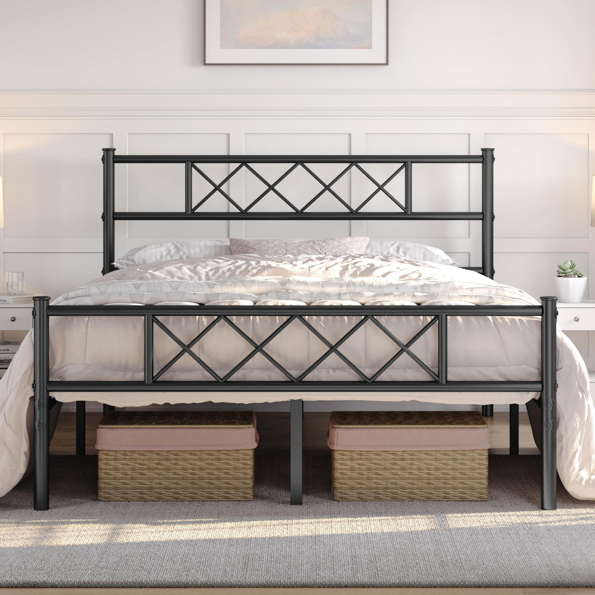 Black Full Metal Platform Bed Frame with Headboard S594949