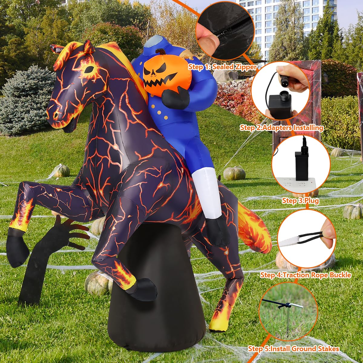 6FT Halloween Inflatables Headless Horseman with Built-in LEDs E962288