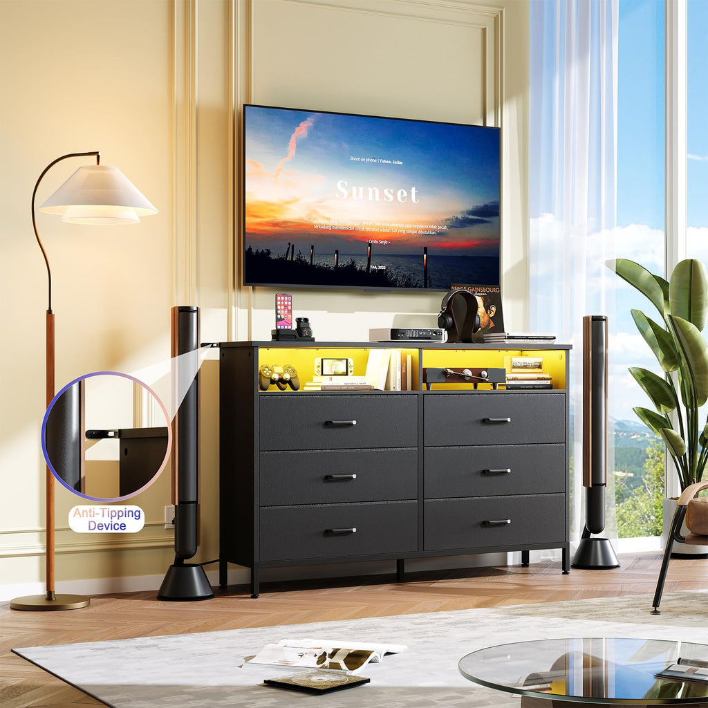 Black 6 Drawer Fabric Dresser S726