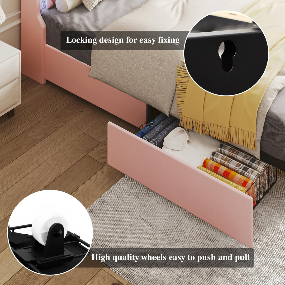 Pink Upholstered Full Size Bed Frame with Storage Headboard and 2 Drawers Z434057