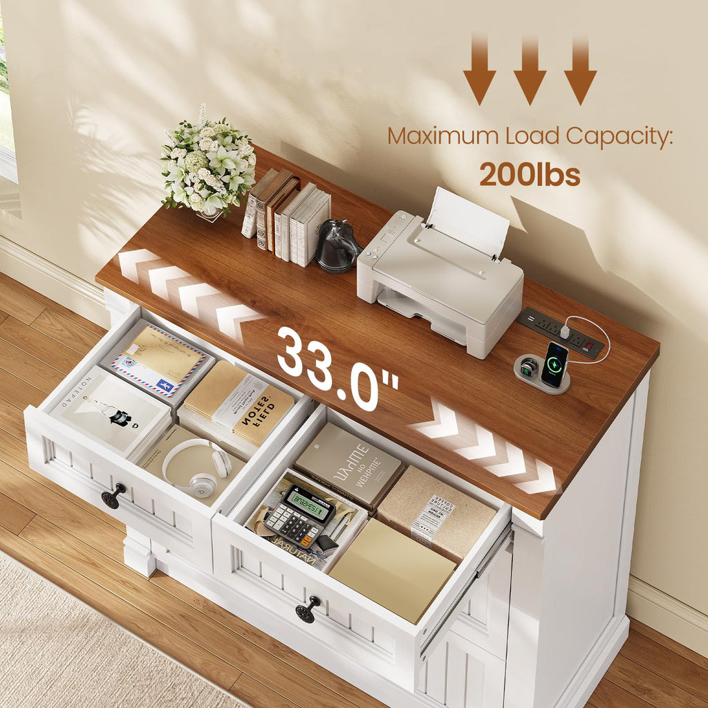 White Brown 4 Drawer Wood File Cabinet with Power Outlets S299509