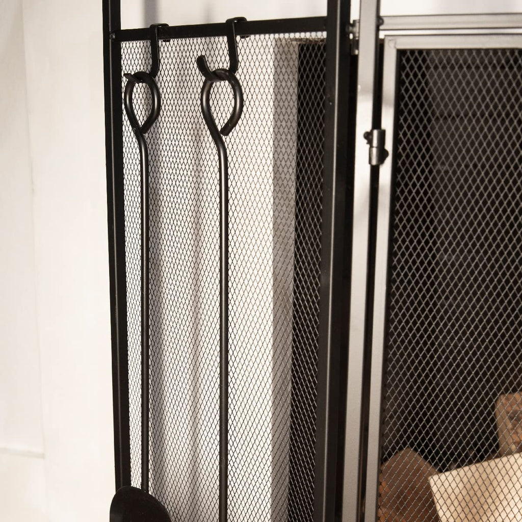 Black 3-Panel Folding Fireplace Screen with Magnetic Doors and 4-Piece Tools Set Q41101