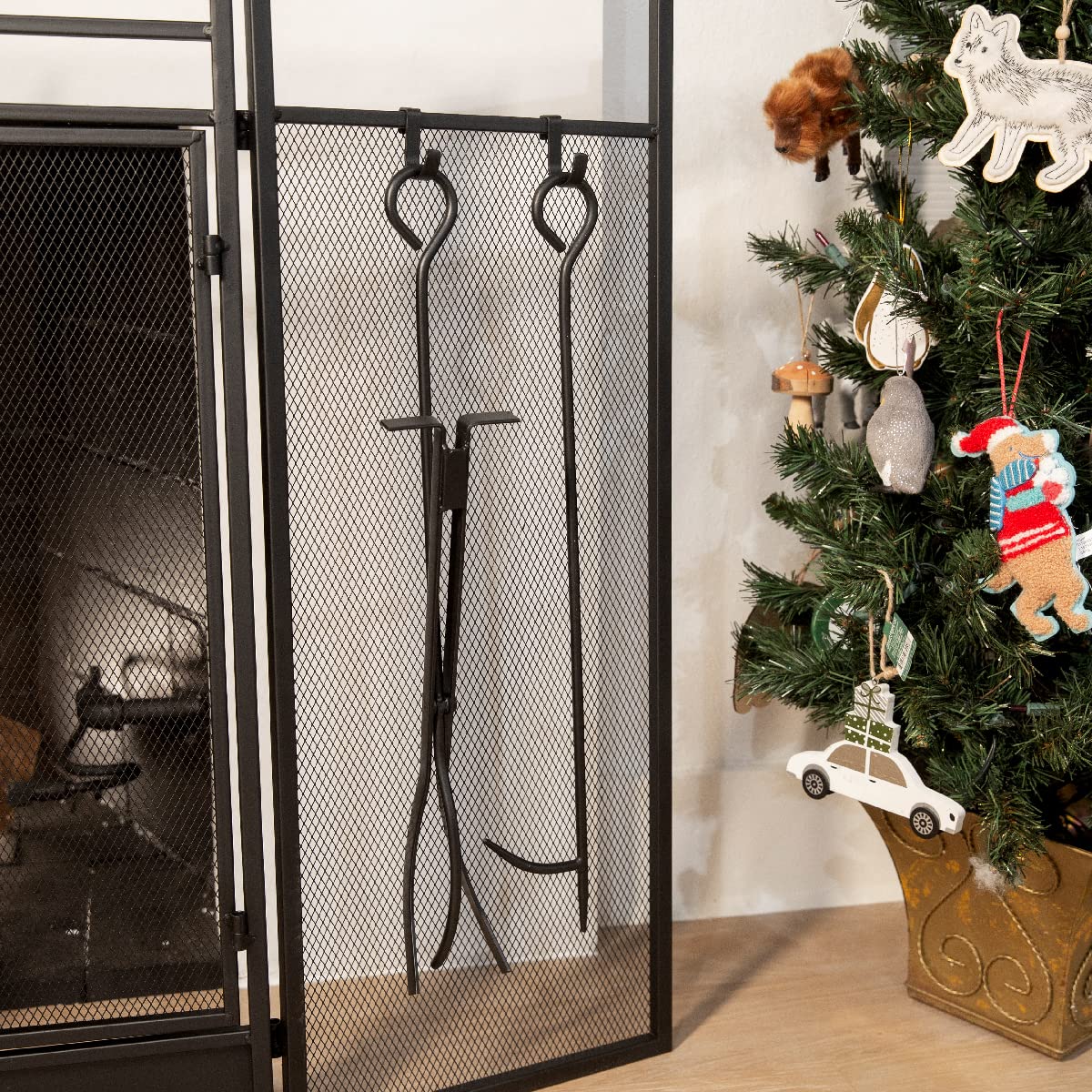 Black 3-Panel Folding Fireplace Screen with Magnetic Doors and 4-Piece Tools Set Q41101