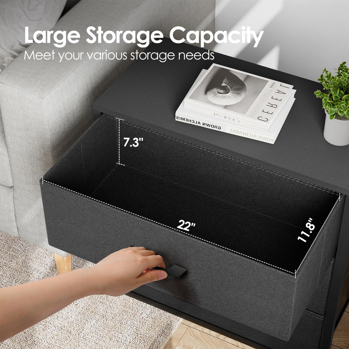 Black 3 Fabric Drawer Nightstand Y291352