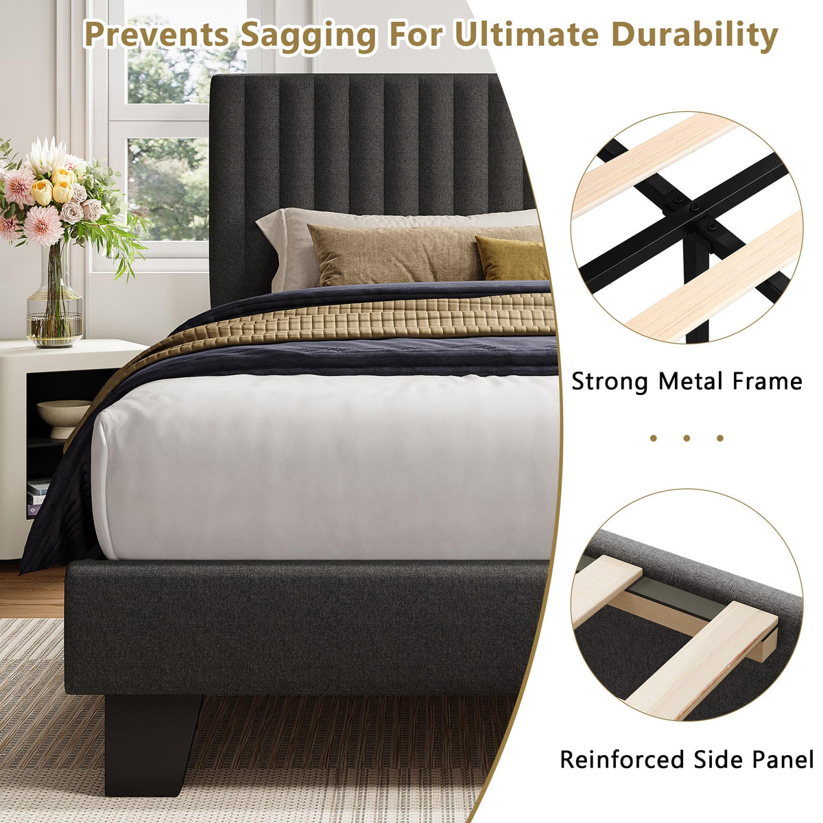 Queen Size Upholstered Platform Bed with Linen Headboard G946