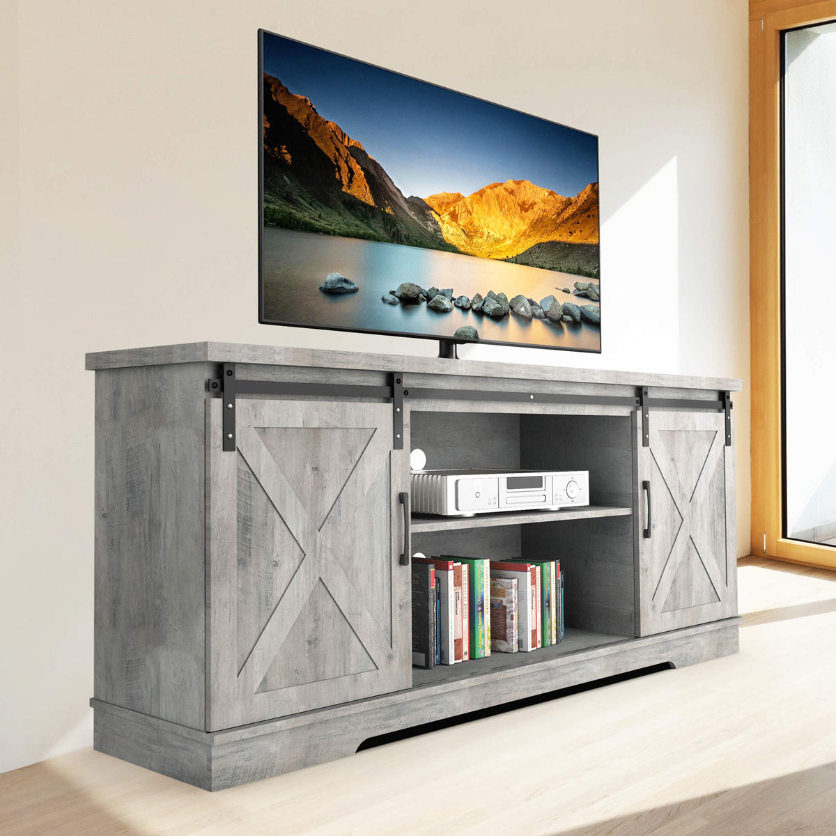 65 Inch Oak TV Stand with Storage Cabinet G690871
