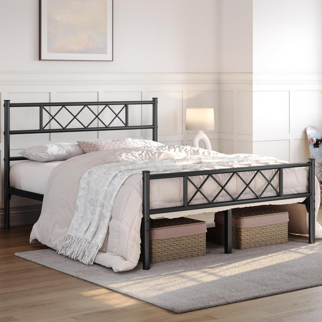 Black Full Metal Platform Bed Frame with Headboard S594949