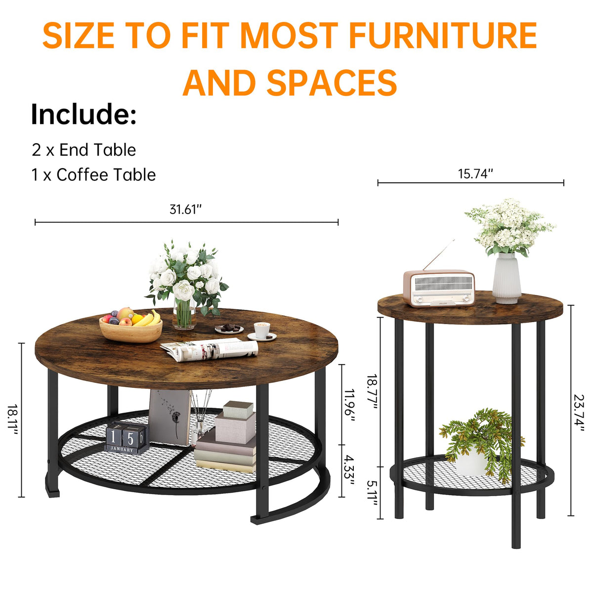 3-Piece Round Coffee Table Set with Storage N1482