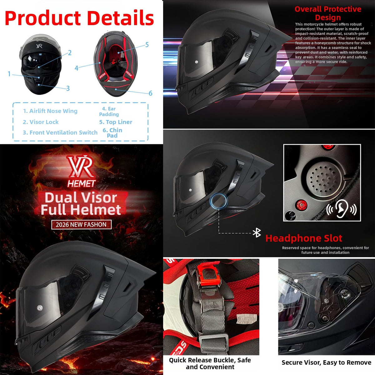 Full Face Motorcycle Helmet DOT Dual Sun Visor Y784