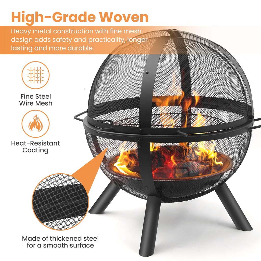 Black Round Fire Pit with BBQ Grill J2404