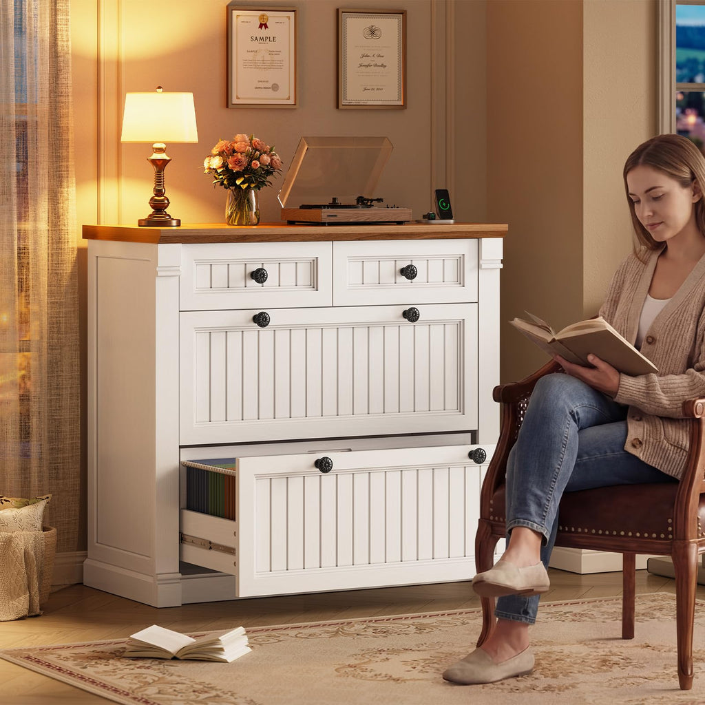 White Brown 4 Drawer Wood File Cabinet with Power Outlets S299509