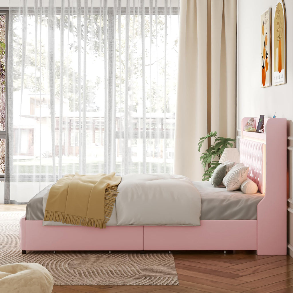 Pink Upholstered Full Size Bed Frame with Storage Headboard and 2 Drawers Z434057