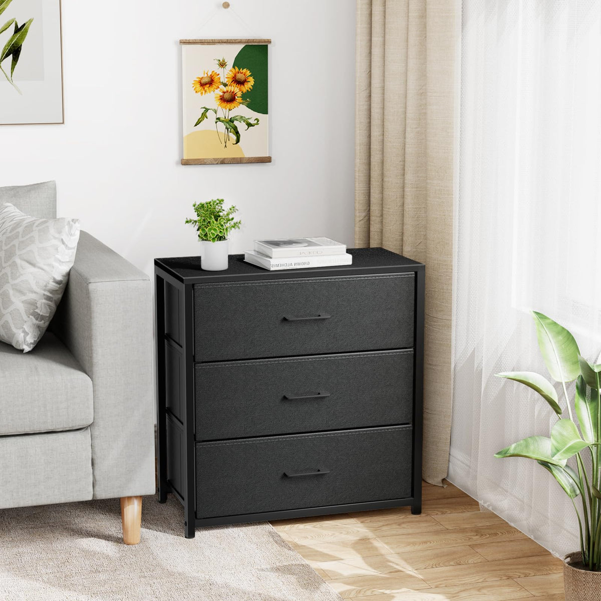 Black 3 Fabric Drawer Nightstand Y291352