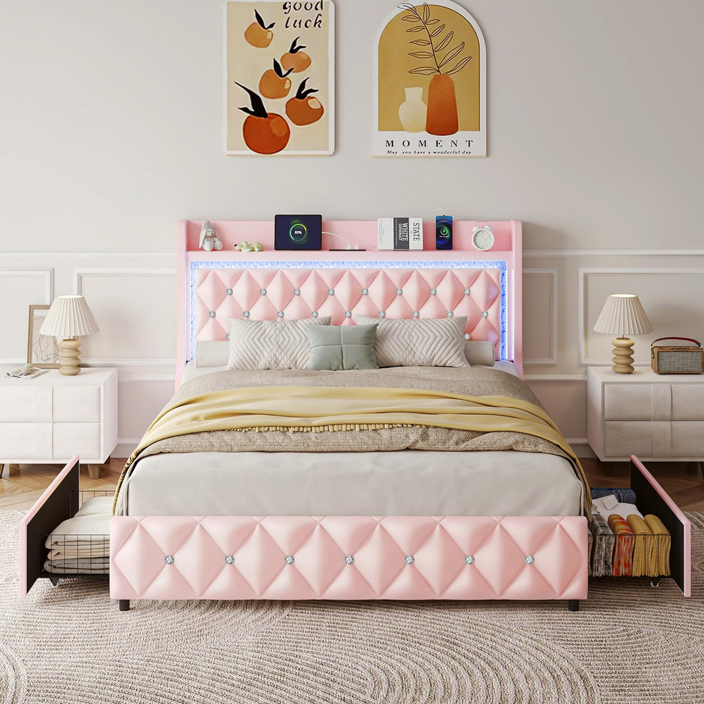 Pink Upholstered Full Size Bed Frame with Storage Headboard and 2 Drawers Z434057