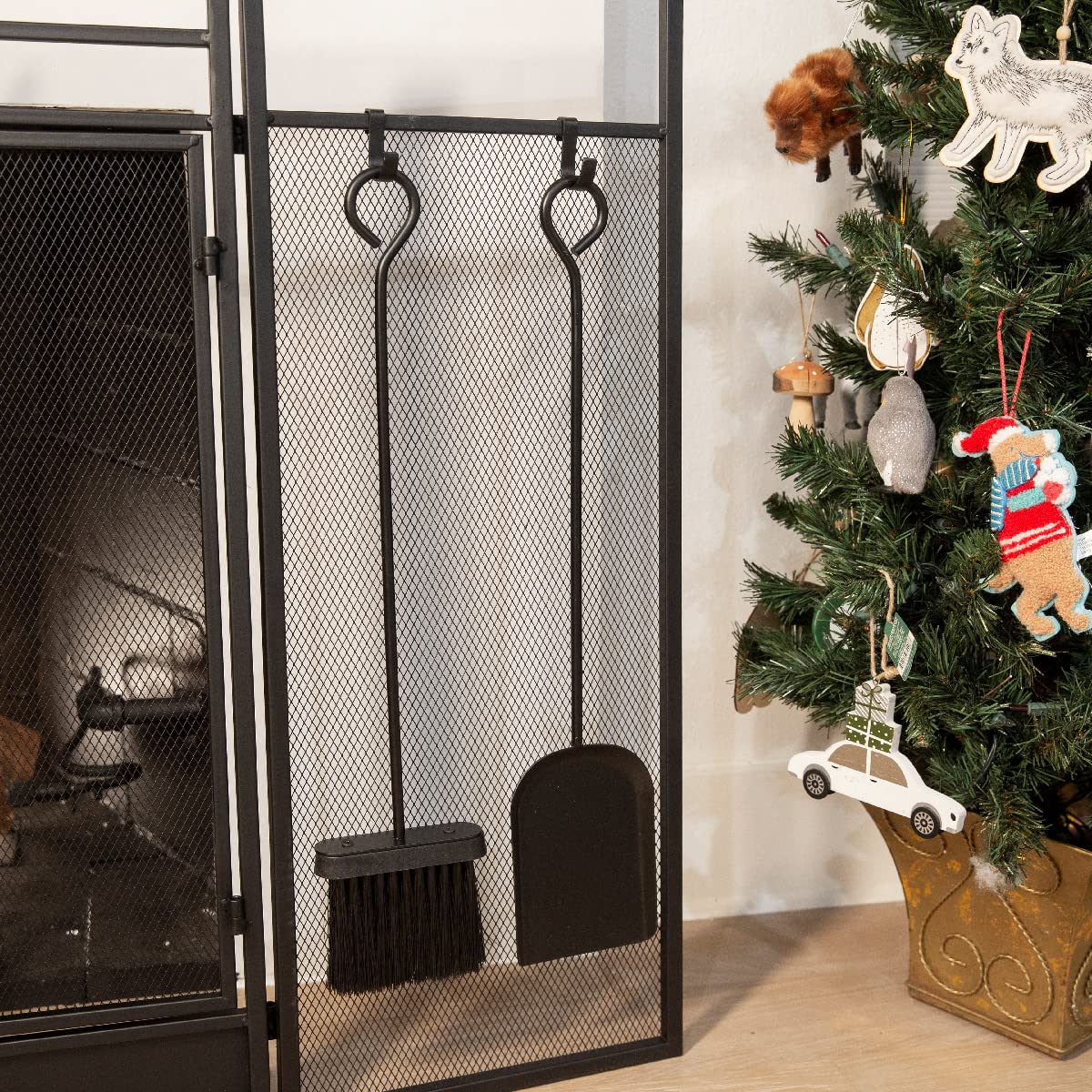 Black 3-Panel Folding Fireplace Screen with Magnetic Doors and 4-Piece Tools Set Q41101