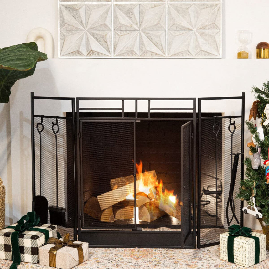 Black 3-Panel Folding Fireplace Screen with Magnetic Doors and 4-Piece Tools Set Q41101