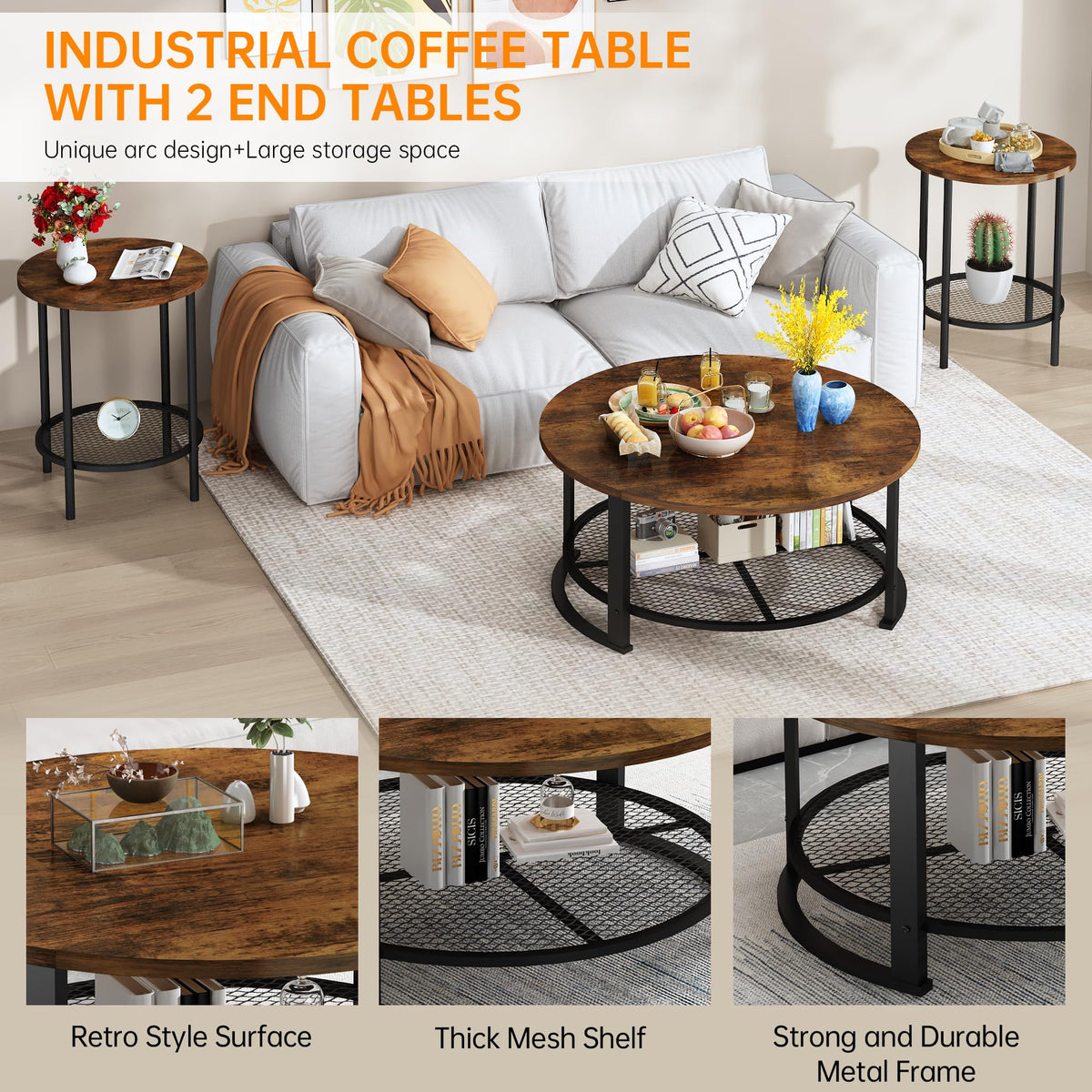 3-Piece Round Coffee Table Set with Storage N1482