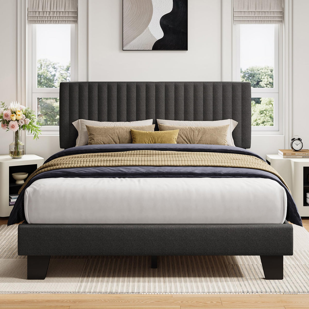 Queen Size Upholstered Platform Bed with Linen Headboard G946