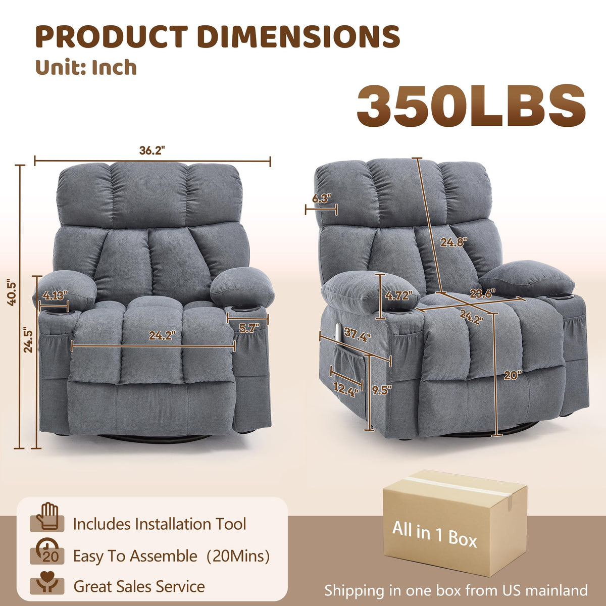 Oversized Grey Swivel Massage Recliner Chair P869147